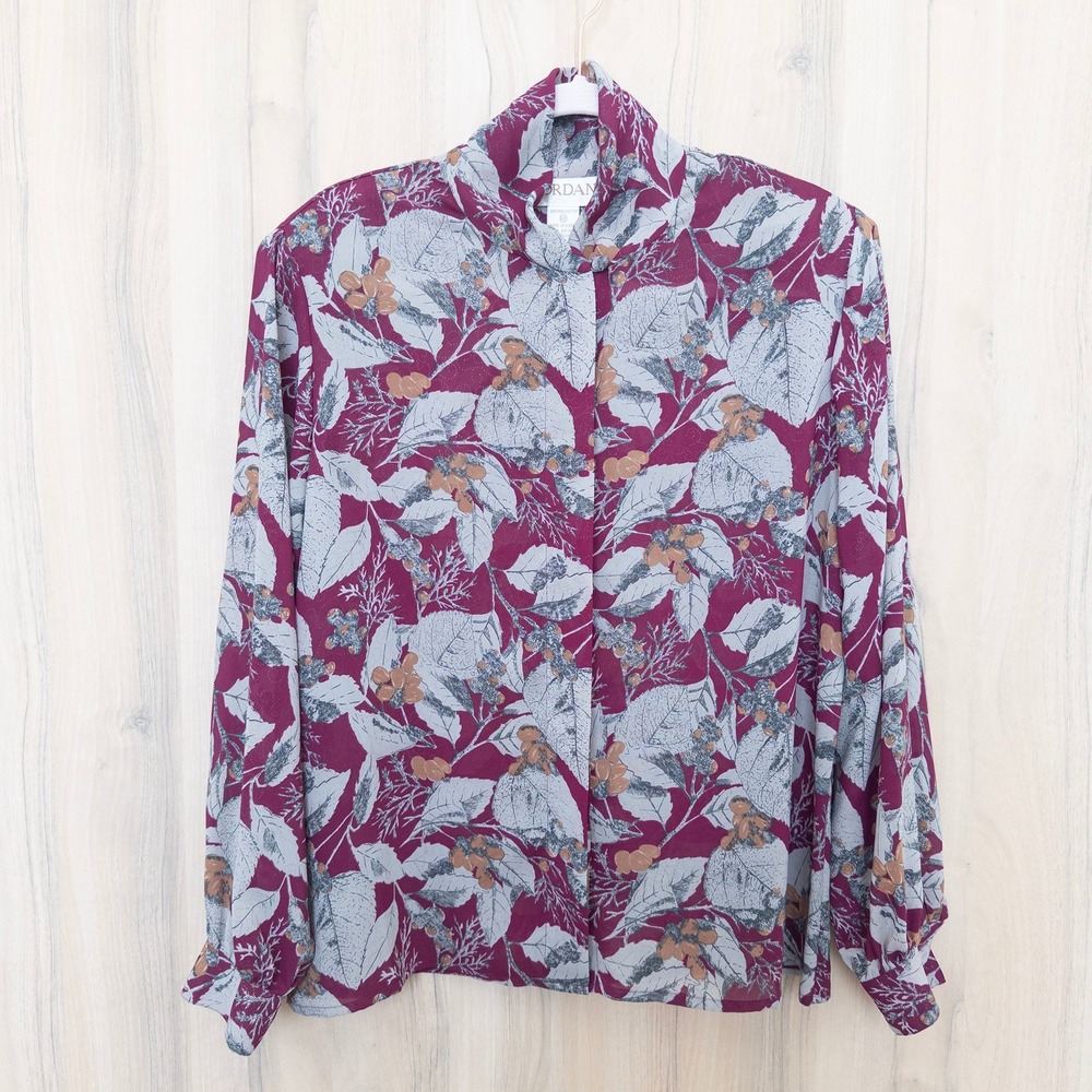 VTG Jordan Womens Floral Button Up Blouse Long Sleeve Size 12 Pink Retro Office